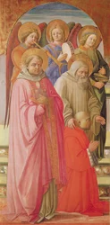 Triptych depicting the Coronation of the Virgin (left panel: saints, angel musicians and the kneeling Cardinal)